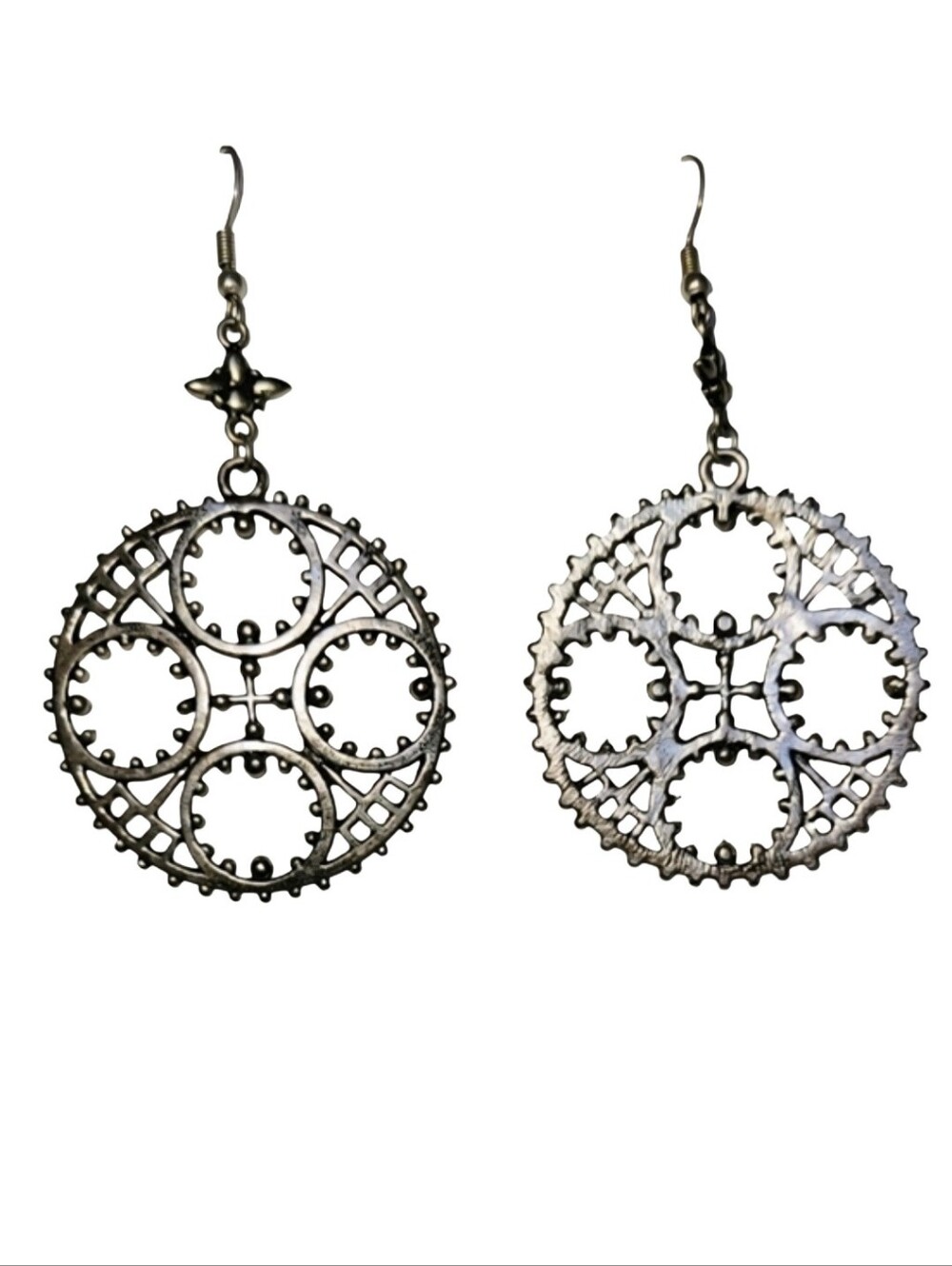 Silvertone Steampunk Gear-Themed Industrial Look Dangle Pierced Earrings - Picture 3 of 5
